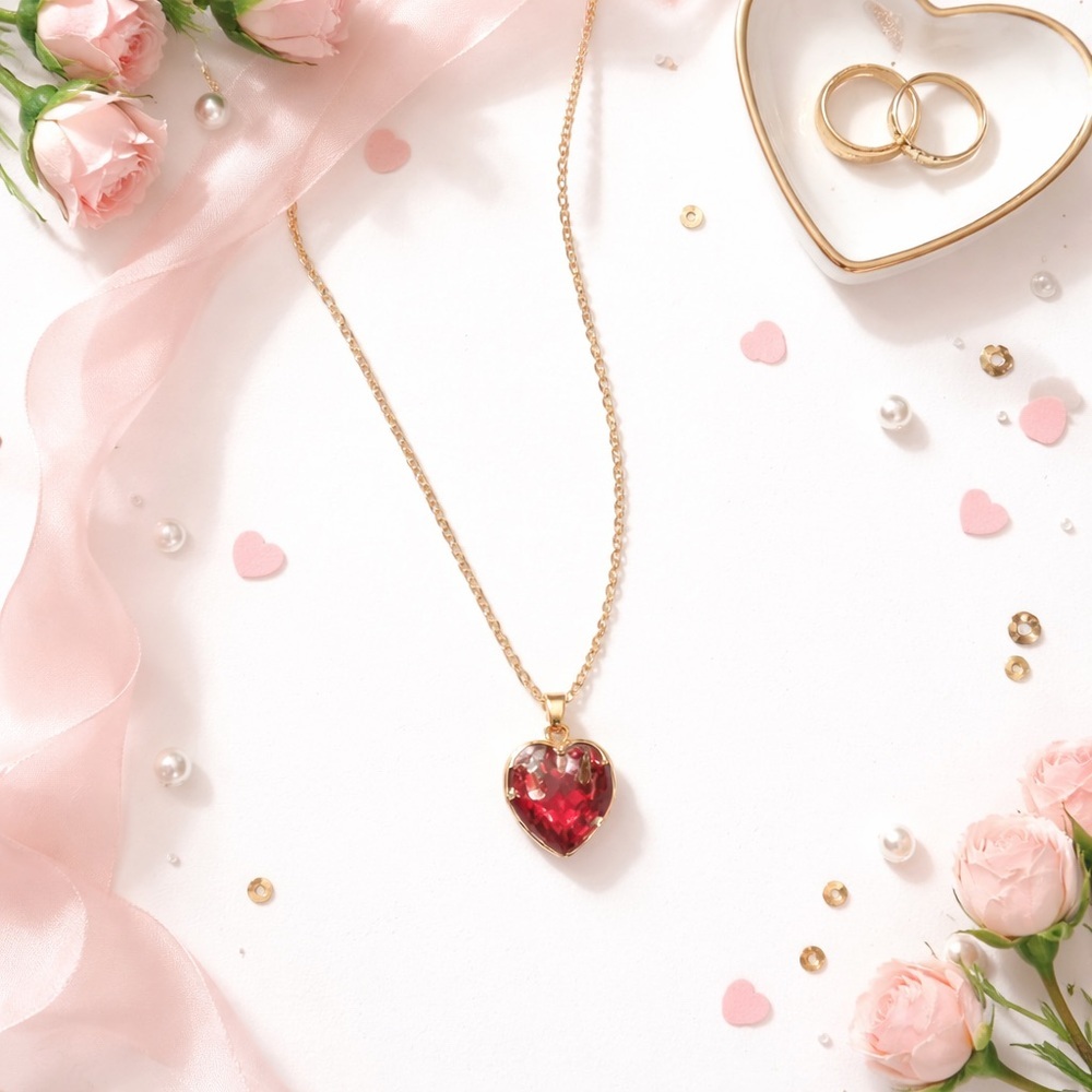 Gold Plated Stainless Steel Red Heart Pendant Necklace 22” - Picture 3 of 6